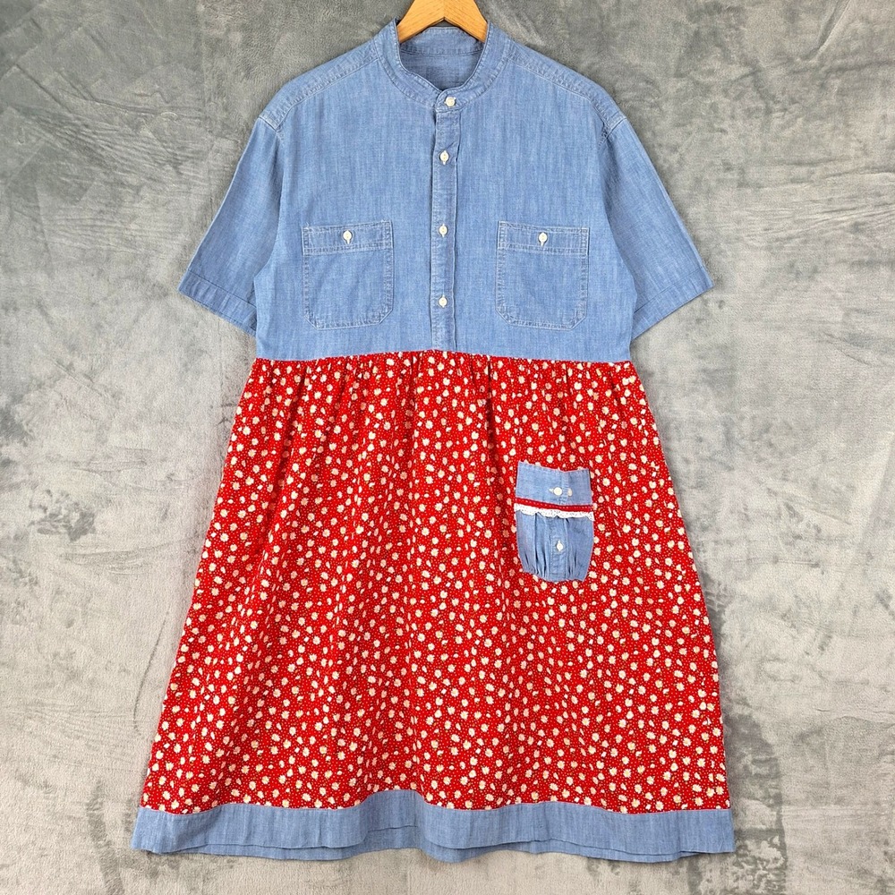 Womens Dress XL Cottagecore Prairie Chambray Denim Country Floral Pockets Midi